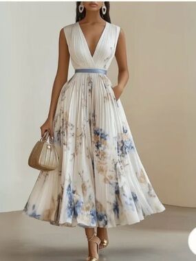 Maureen Elegant White Floral Pleated V-Neck Midi Dress